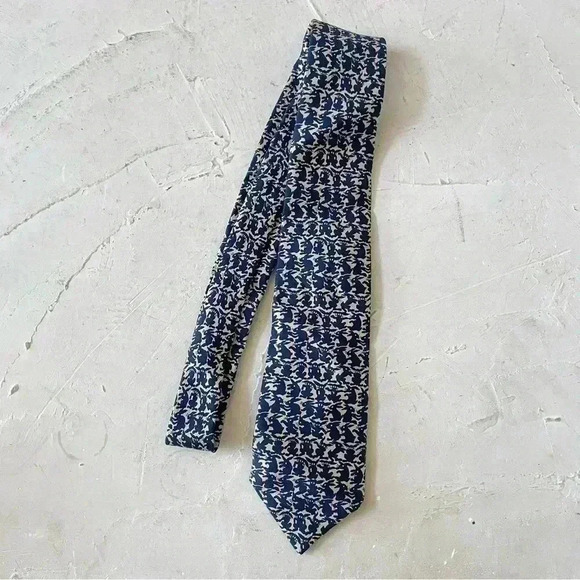 HERMES Men's Necktie Tie Silk High Brand All Over Easter Rabbit Pattern Blue - Picture 3 of 11